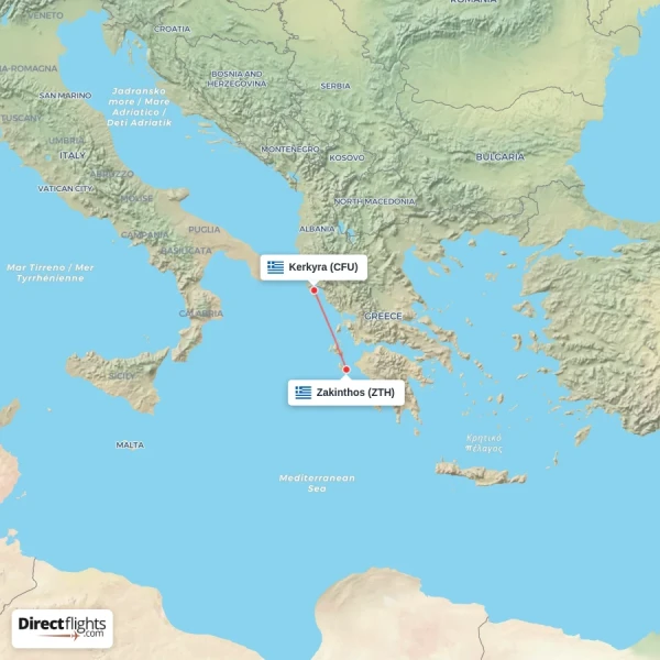 Zakinthos - Kerkyra direct flight map
