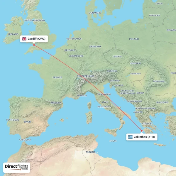 Zakinthos - Cardiff direct flight map