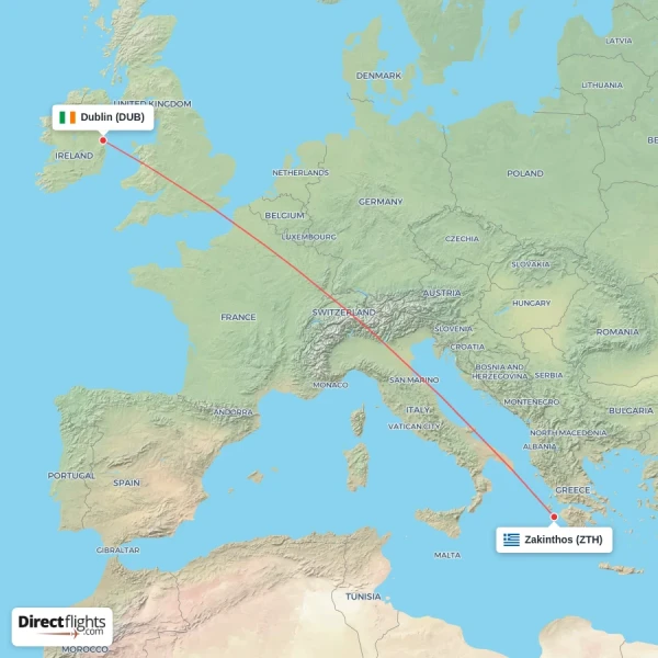 Zakinthos - Dublin direct flight map