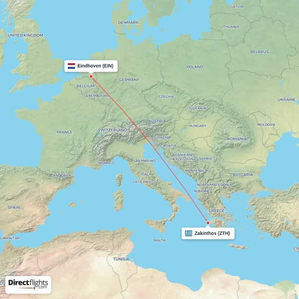 Zakinthos - Eindhoven direct flight map