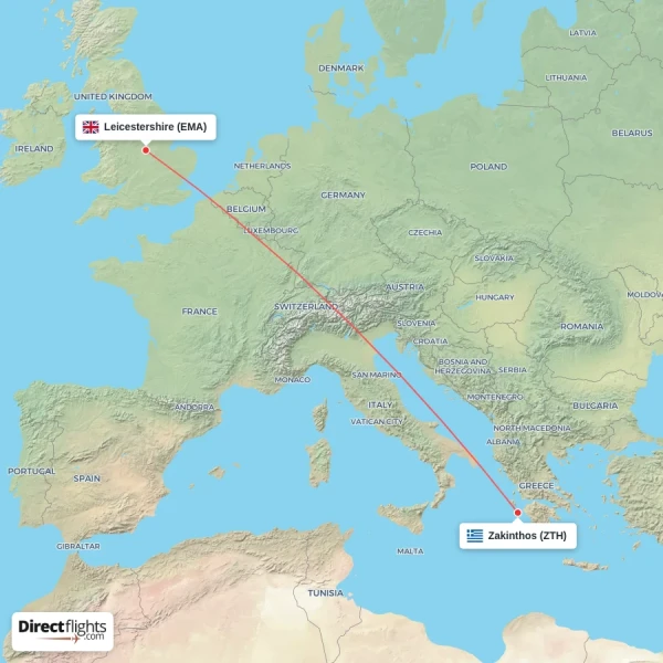 Zakinthos - Leicestershire direct flight map