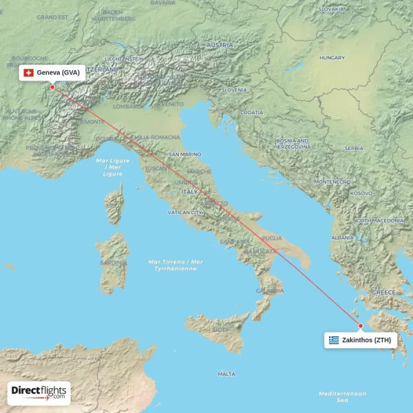 Zakinthos - Geneva direct flight map