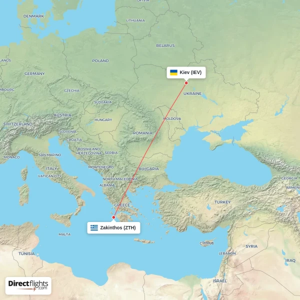 Zakinthos - Kiev direct flight map