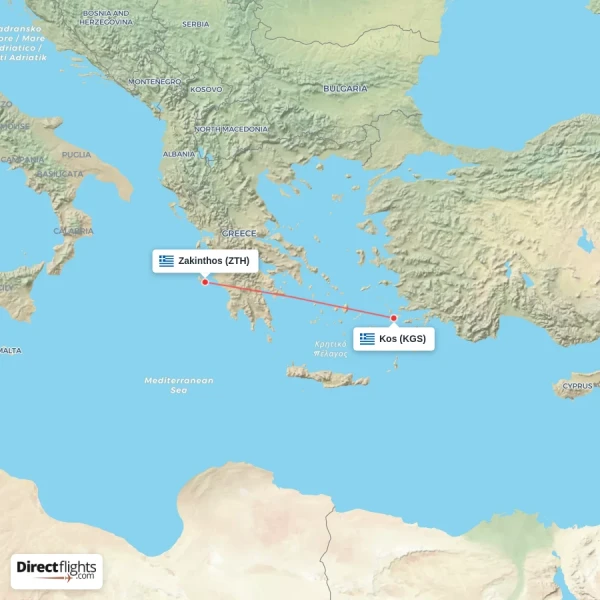 Zakinthos - Kos direct flight map