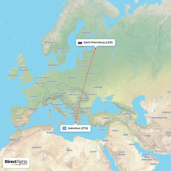 Zakinthos - Saint Petersburg direct flight map
