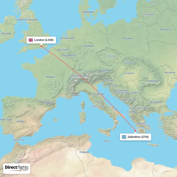 Zakinthos - London direct flight map