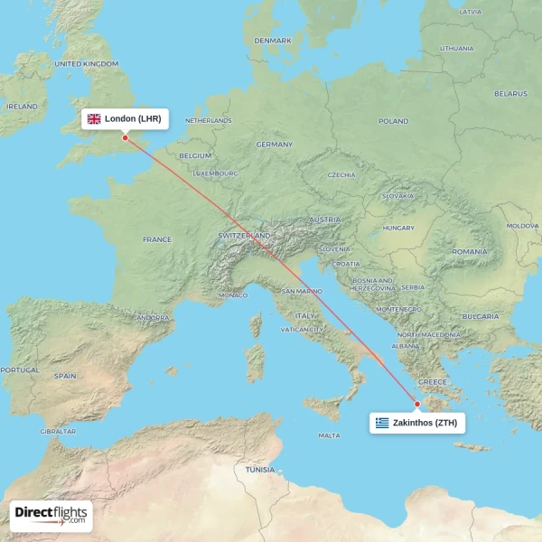 Zakinthos - London direct flight map