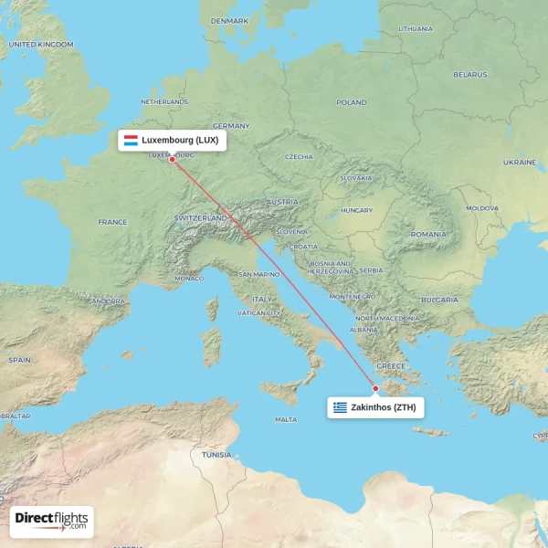 Zakinthos - Luxembourg direct flight map