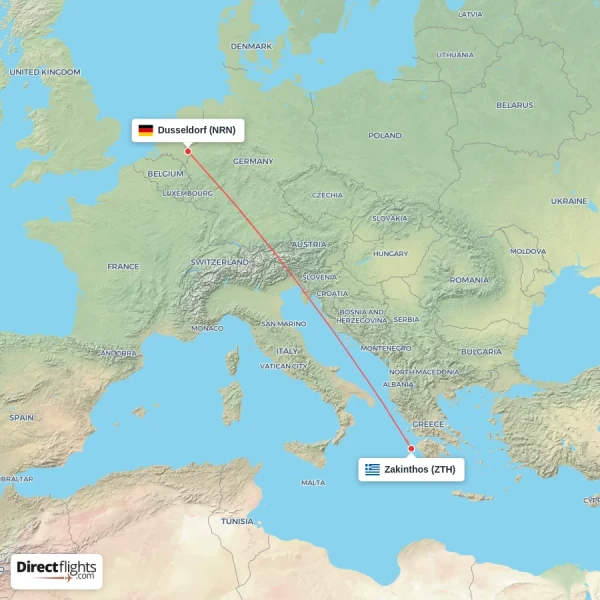Zakinthos - Dusseldorf direct flight map