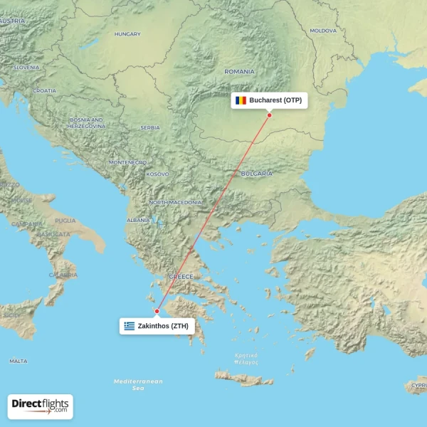 Zakinthos - Bucharest direct flight map