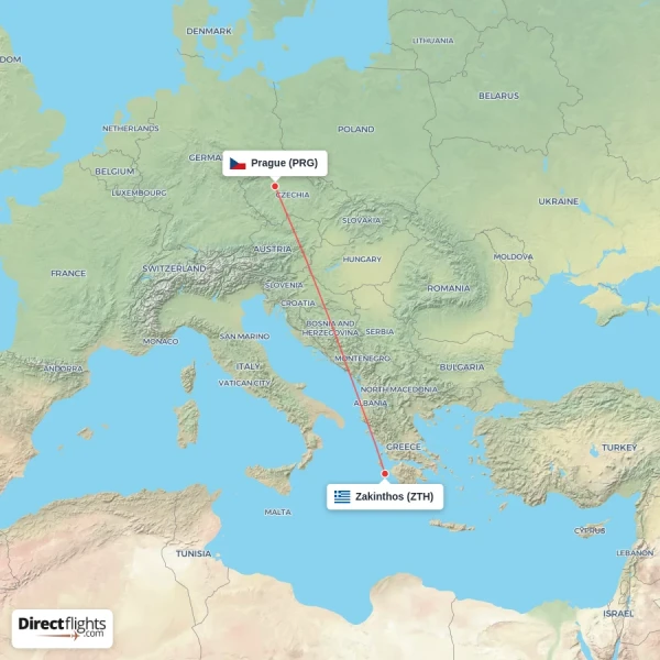 Zakinthos - Prague direct flight map