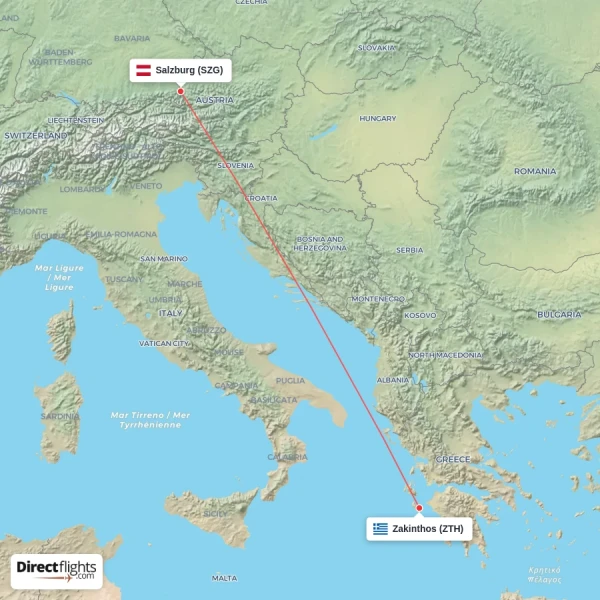 Zakinthos - Salzburg direct flight map