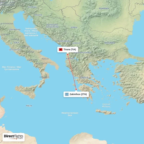 Zakinthos - Tirana direct flight map