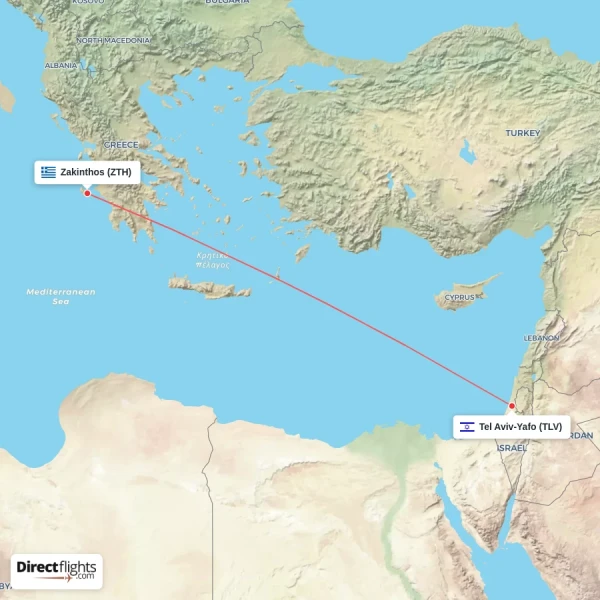 Zakinthos - Tel Aviv-Yafo direct flight map