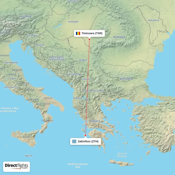 Zakinthos - Timisoara direct flight map