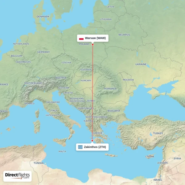 Zakinthos - Warsaw direct flight map