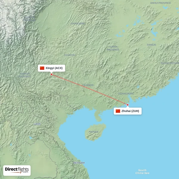 Zhuhai - Xingyi direct flight map