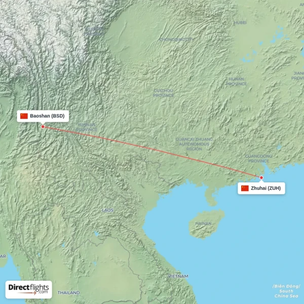 Zhuhai - Baoshan direct flight map