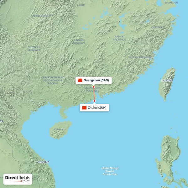 Zhuhai - Guangzhou direct flight map