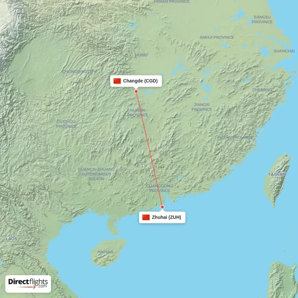 Zhuhai - Changde direct flight map