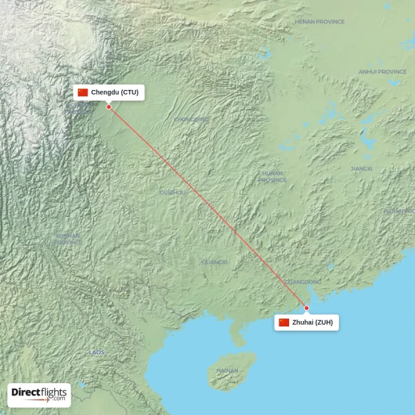 Zhuhai - Chengdu direct flight map