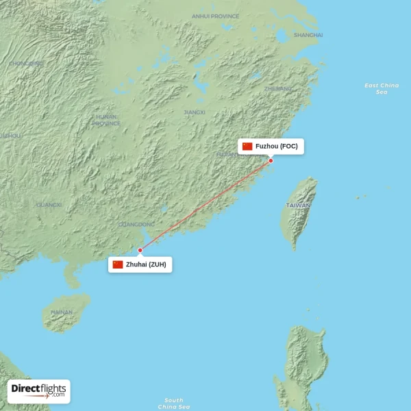Zhuhai - Fuzhou direct flight map