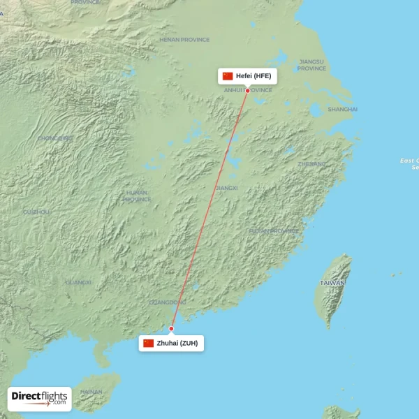 Zhuhai - Hefei direct flight map