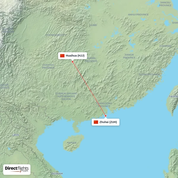 Zhuhai - Huaihua direct flight map