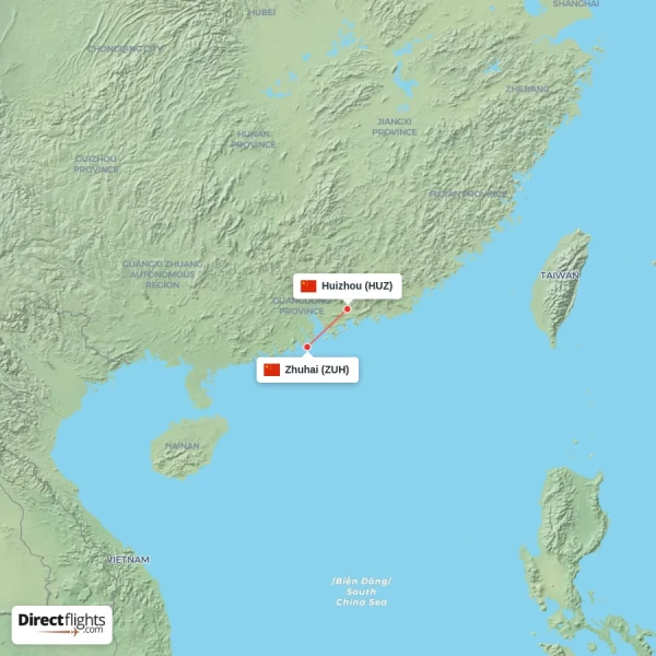 Zhuhai - Huizhou direct flight map