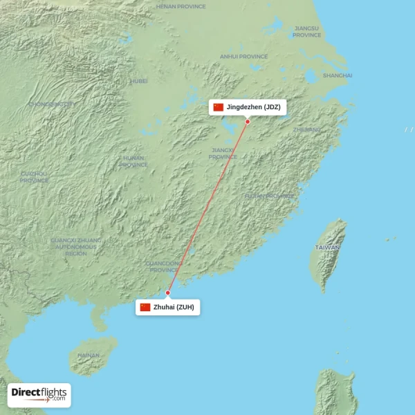 Zhuhai - Jingdezhen direct flight map