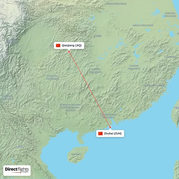 Zhuhai - Qianjiang direct flight map