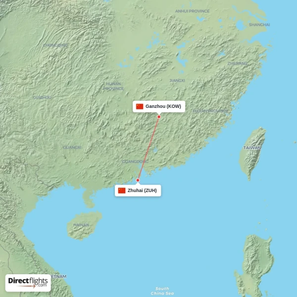 Zhuhai - Ganzhou direct flight map
