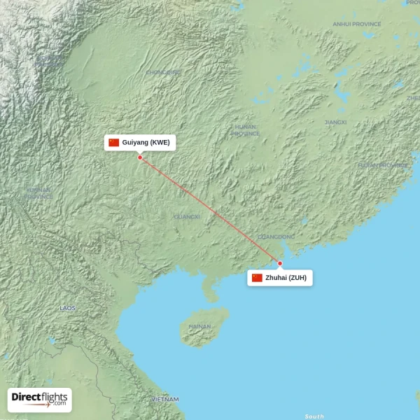 Zhuhai - Guiyang direct flight map