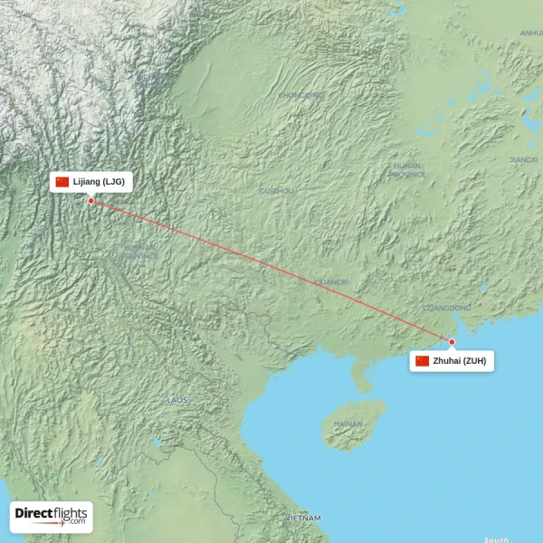 Zhuhai - Lijiang direct flight map