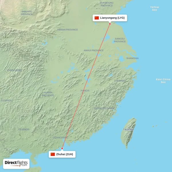 Zhuhai - Lianyungang direct flight map