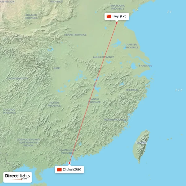 Zhuhai - Linyi direct flight map