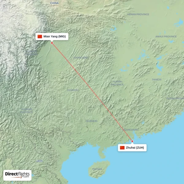 Zhuhai - Mian Yang direct flight map