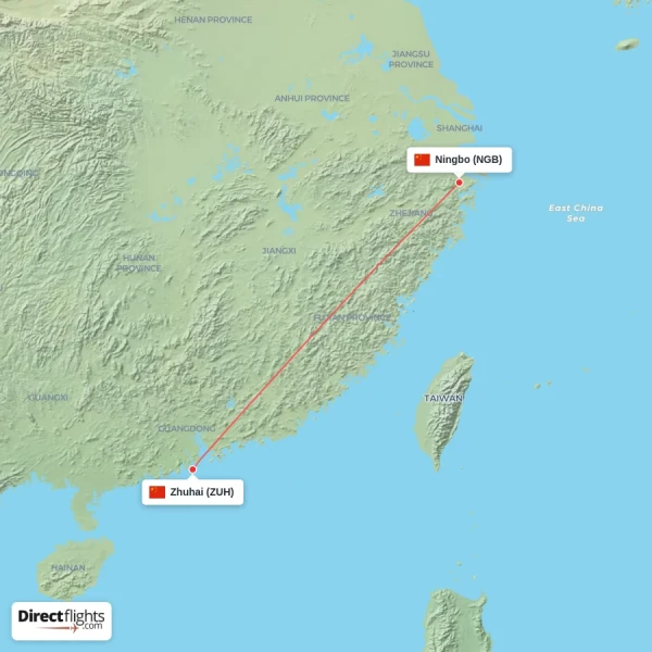 Zhuhai - Ningbo direct flight map