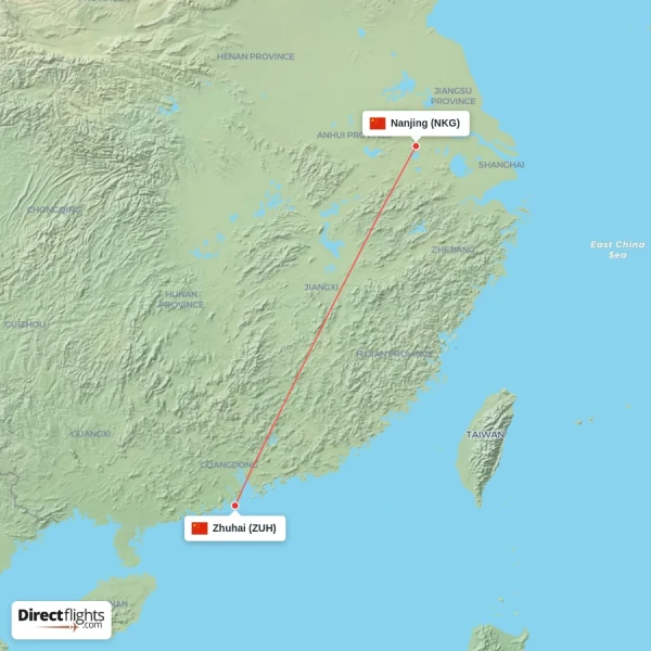 Zhuhai - Nanjing direct flight map