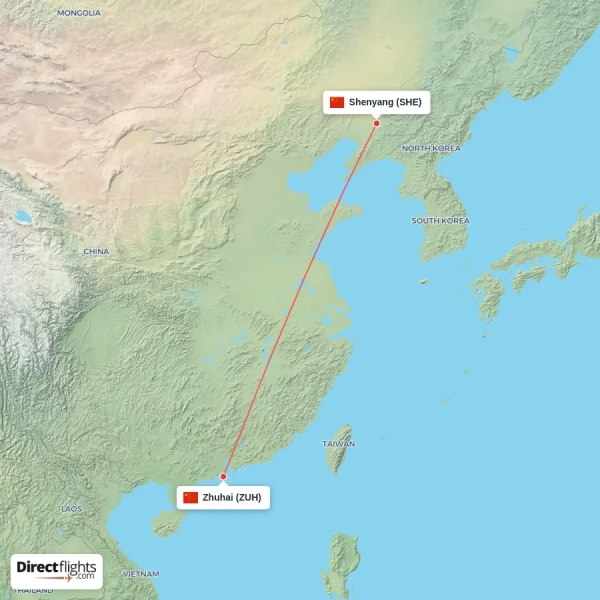 Zhuhai - Shenyang direct flight map