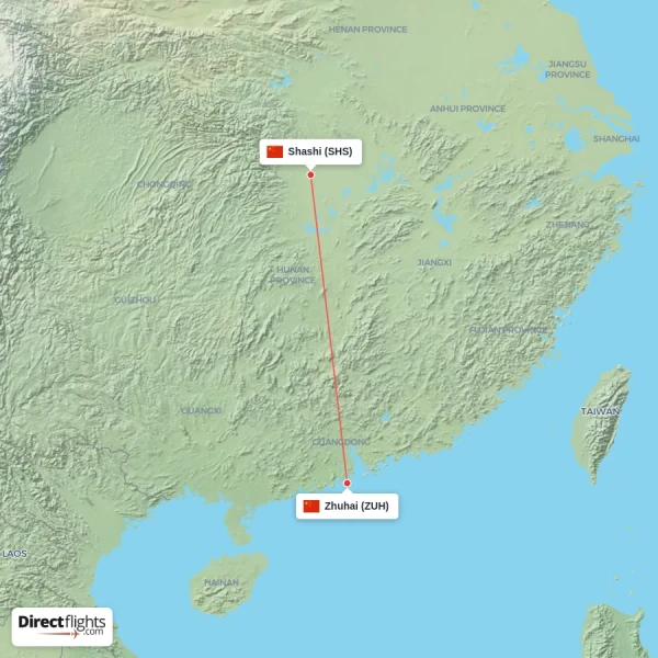 Zhuhai - Shashi direct flight map