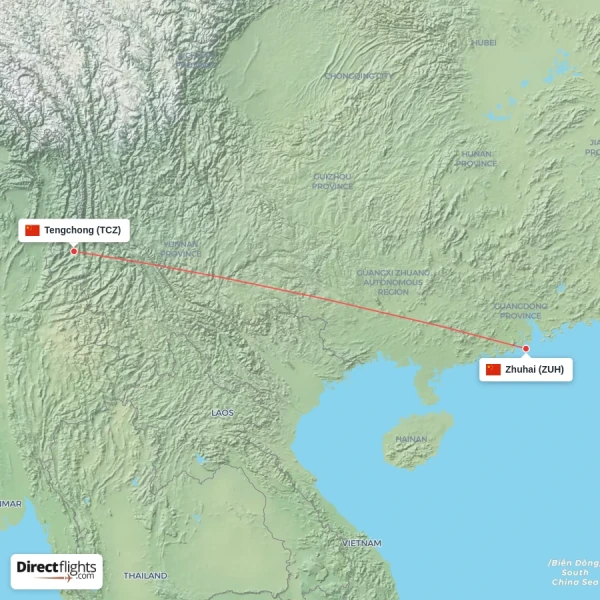 Zhuhai - Tengchong direct flight map