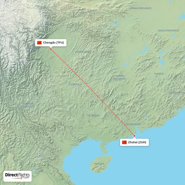 Zhuhai - Chengdu direct flight map