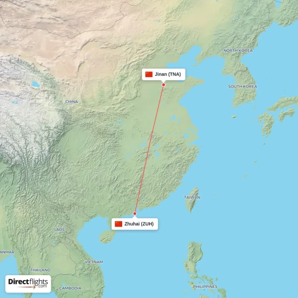 Zhuhai - Jinan direct flight map