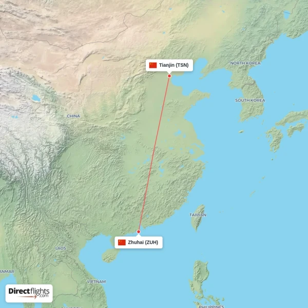 Zhuhai - Tianjin direct flight map