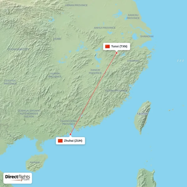 Zhuhai - Tunxi direct flight map