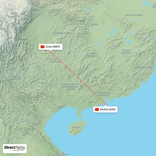 Zhuhai - Zunyi direct flight map