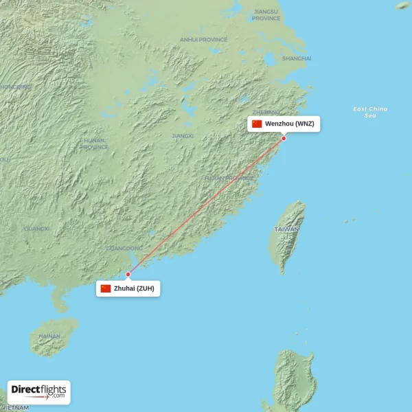 Zhuhai - Wenzhou direct flight map