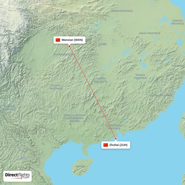 Zhuhai - Wanxian direct flight map