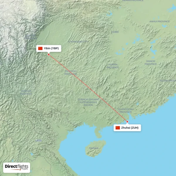 Zhuhai - Yibin direct flight map